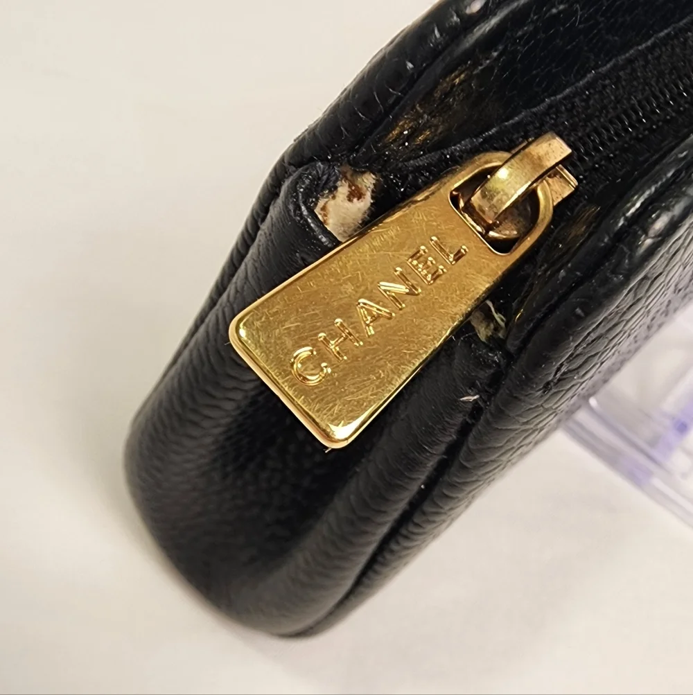 Authentic CHANEL Black Caviar Leather Zip Pouch Cosmetic Card Case